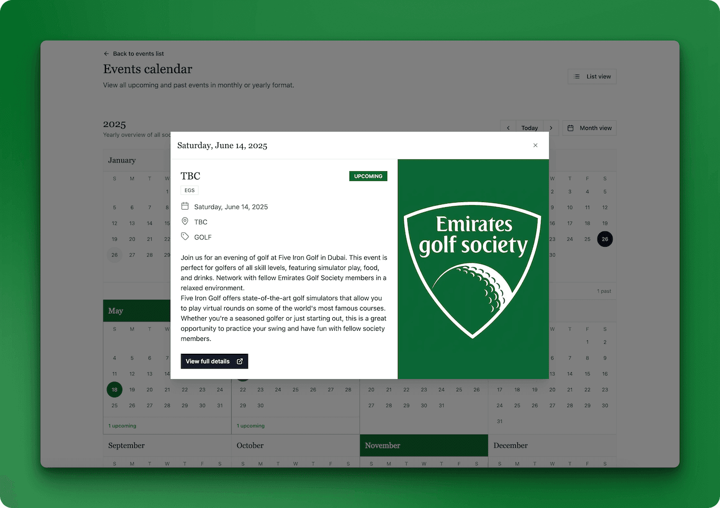 Emirates Golf Society Website Calendar Screenshot