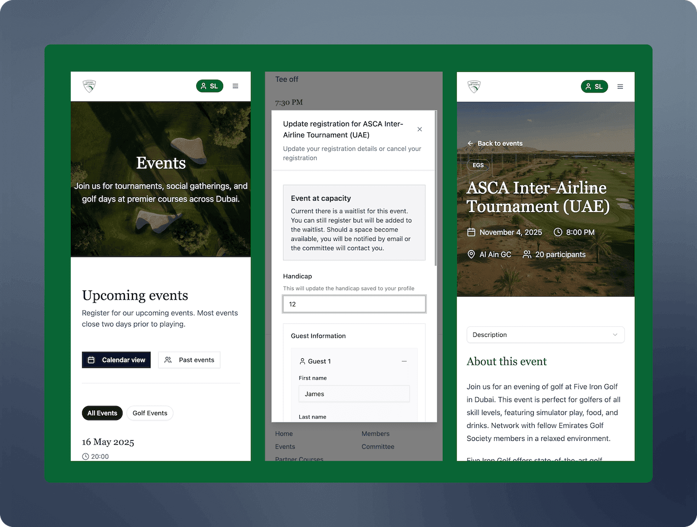 Emirate Golf Society Website Mobile Screens