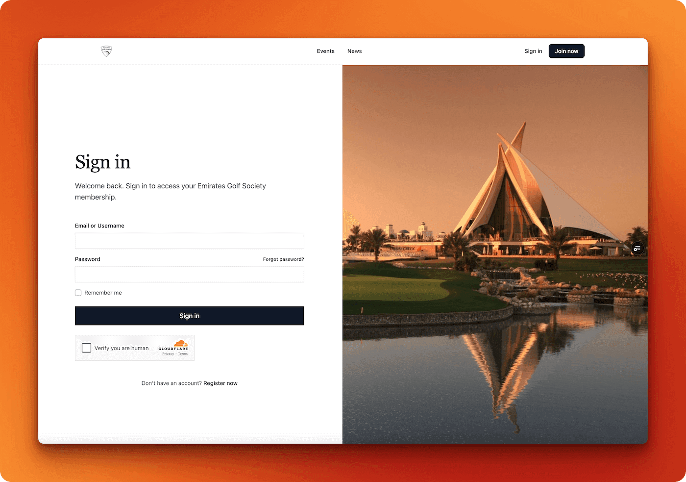 Emirates Golf Society Website Login Screenshot